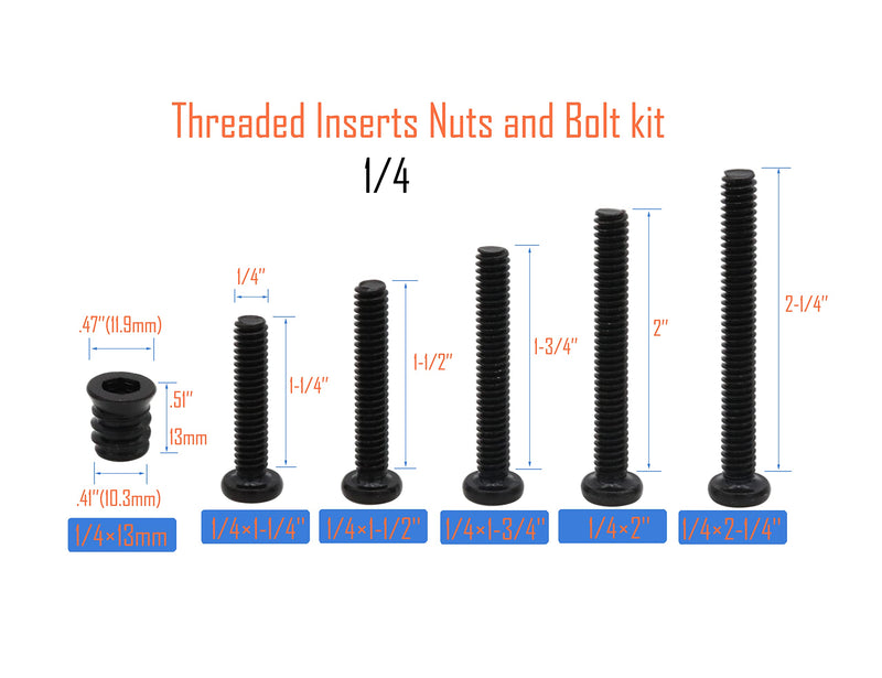 [Australia - AusPower] - LBY 35 Sets 1/4×13mm Threaded Inserts Nuts and Bolt Assortment kit, Hex Socket Drive Furniture Flanged Screw-in Nut(with Bolt), 5 Sizes, Carbon Steel, Black 