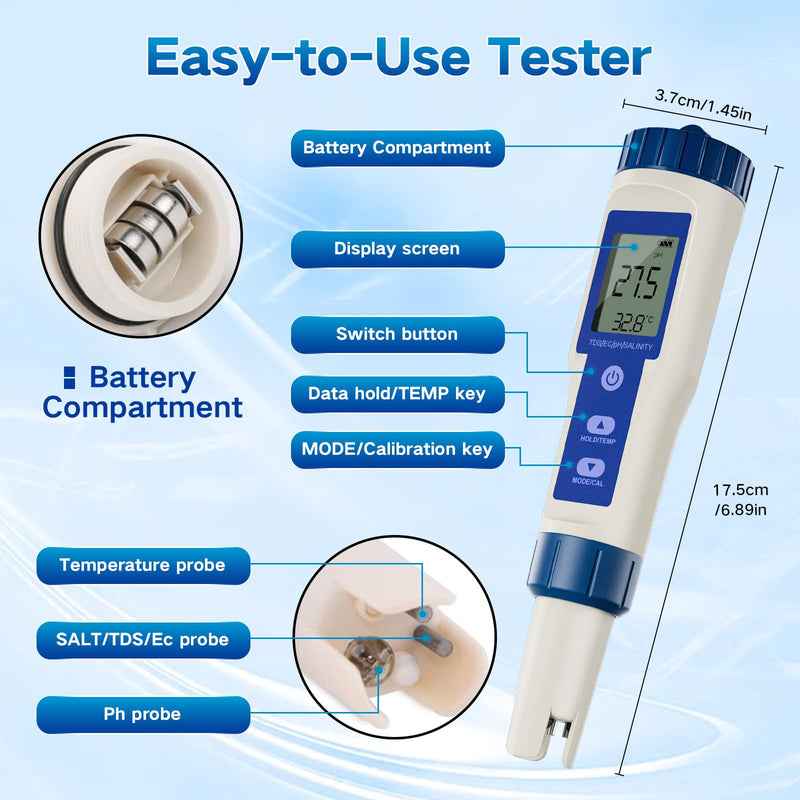 [Australia - AusPower] - ZuanXin Pool pH Meter, 5 in 1 Salinity Tester with PH/Salinity/TDS/EC/Temperature Function, TDS Tester for Drinking Water, Hot Tubs, and Spas bule 