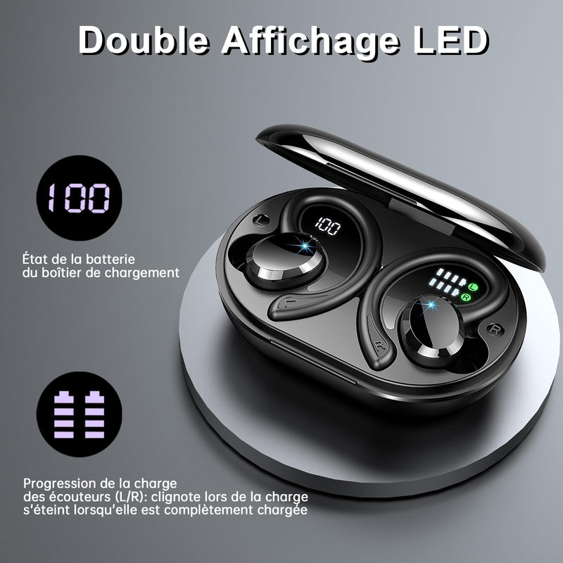 [Australia - AusPower] - Wireless Earbuds Bluetooth Headphone Sport, 2024 Bluetooth 5.3 Earbud 14.2mm Driver Stereo Over Ear Buds, 48Hrs Earphone with Earhook, Noise Cancelling Mic, IP7 Waterproof Headset for Workout/Running 800 mAh Black 