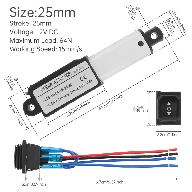 25mm 12V Mini Linear Actuator, Stroke Linear Motion Actuator 15mm/s 64N/14.4lbs High Torque Micro Electric Linear Actuator with Waterproof Switch, Mounting Bracket (25mm(1inch)) 25mm(1inch)