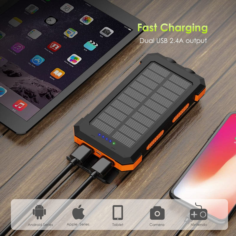 [Australia - AusPower] - X-DRAGON Solar Power Bank 24000mAh External Battery Pack Portable Charger,Dual 5V USB Ports Output，Built-in Dual Flashlights, Compass, Solar Panel Charging for Smartphone, iPhone, and Outdoor Camping Orange 