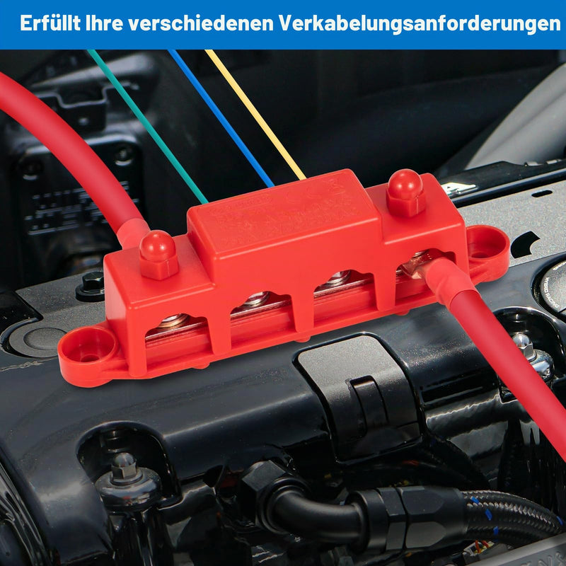 Spurtar busbar power distribution block 250A with cover, 4x M8 (5/16") clamping bolts, 3x M4 screws, 12V 24V 48V battery busbar for cars, trucks, motorhomes, boats | 250 A, 12-48 V DC, heavy duty, large design for battery systems in cars, caravans,...