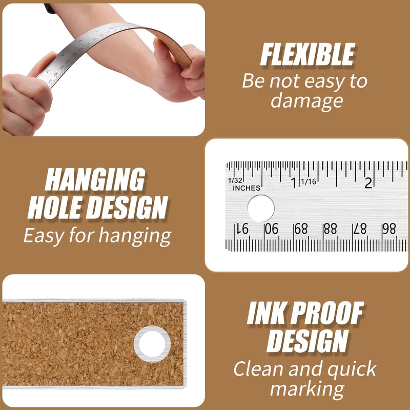 24 Inch Metal Ruler, Stainless Steel Straight Edge Ruler with Cork Backing, Non-Slip Imperial & Metric Measuring Tool for School, Office, Woodworking, Drafting 24"Single
