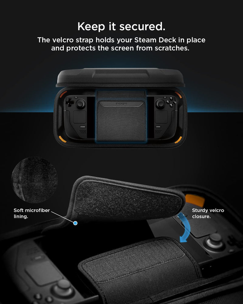 [Australia - AusPower] - Spigen Rugged Armor Pro Designed for Steam Deck LCD (2022) / Steam Deck OLED (2023) Hard Shell Travel Carrying Case with Pockets for Accessories and Original Charger Storage Bag Carry Case - Black 