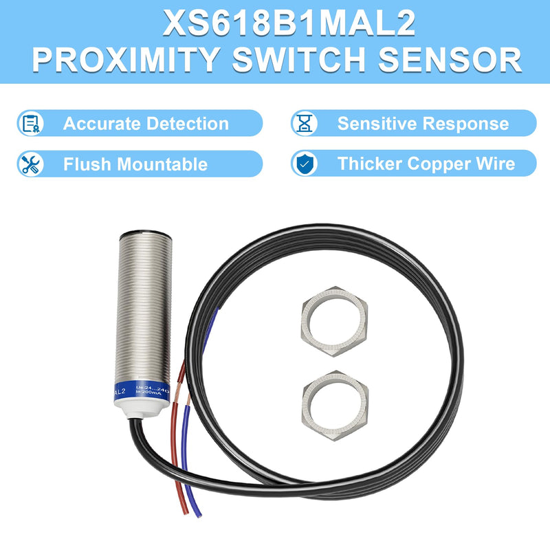 [Australia - AusPower] - XS618B1MAL2 Universal Inductive Proximity Sensor, 2-m Electrical Cable, 2-Wire AC/DC Wiring for PNP or NPN Input, NO Contact Output, Embedded Installation, Multi-Function 