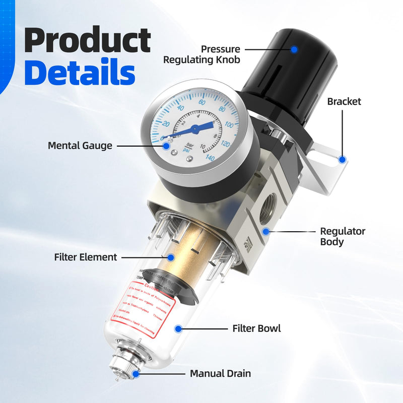 [Australia - AusPower] - Air Pressure Regulator, Hoodutric 1/4 Inch Air Compressor Water Separator with Pressure Gauge Manual Drain Valve Ball Valve and Mounting Bracket - AW2000-02 