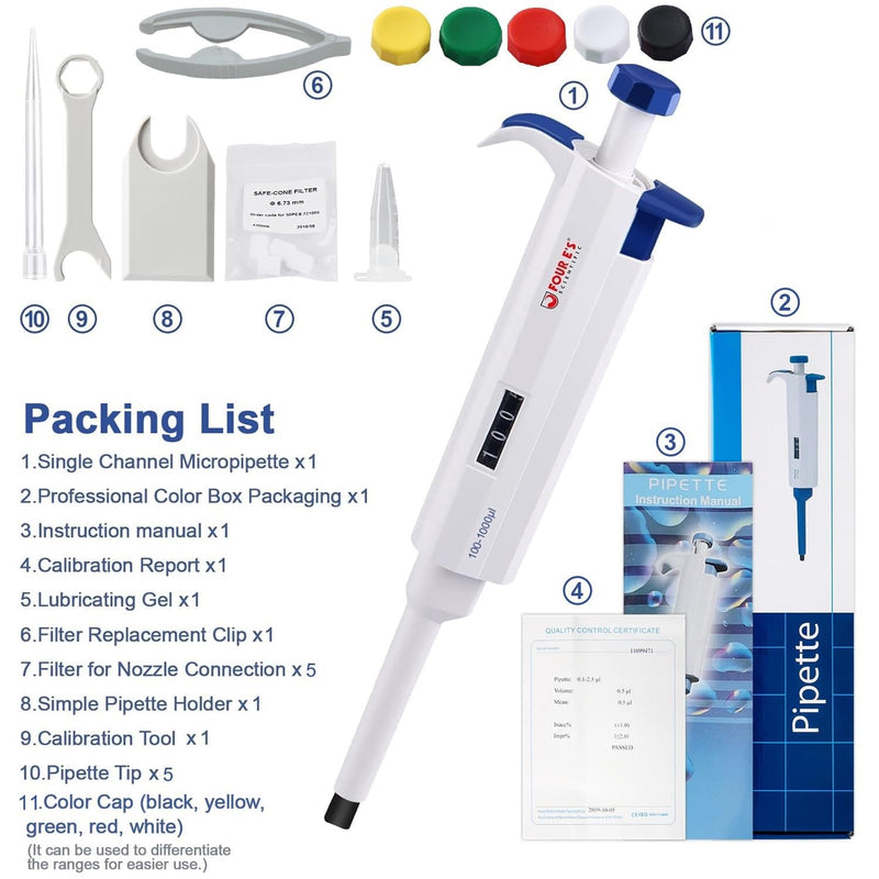FOUR E'S SCIENTIFIC 100uL-1000uL High-Accurate Single-Channel Manual Adjustable Variable Volume Pipettes 07 (100-1000ul)