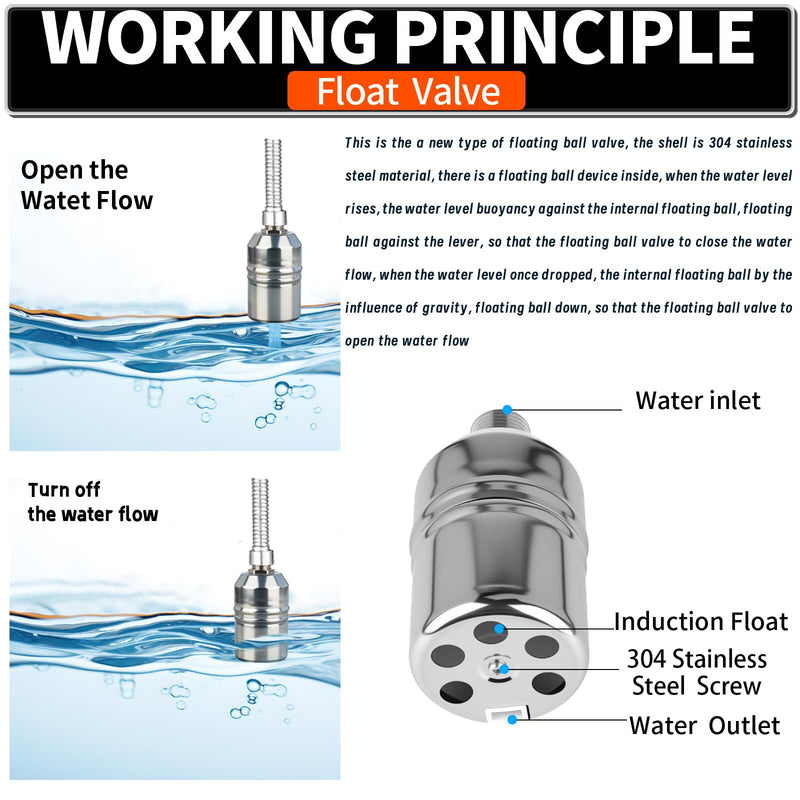 1/2“ 304 Stainless Steel Automatic Water Level Control Float Valve for Water Tank, Cattle Trough, Pools, Livestock (With Elbow, Metal Clip, 1/2" to 3/4" adapter) (2-Pack) 2-Pack