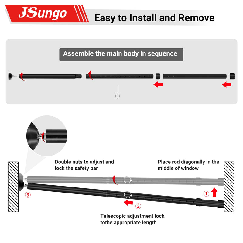 JSungo 2-in-1 Sliding Door Security Bar, Upgrade Doors Stoppers Security, Heavy-Duty Door Jammer Doors Stopper for Sliding Window, Adjustable Door Jammer for Home, Apartment, and Hotel, Black, 1 Pack