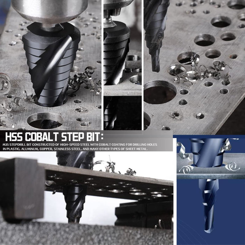 M35 Cobalt HSS Step Drill Bits, Four Spiral Flute Cobalt Step Drill Bit,1/8"-7/8"(3PCS) Hex Shank Unibit for Aluminum, Stainless Steel, Metal, Wood, Plastic. 1/8"-7/8"(3PCS)