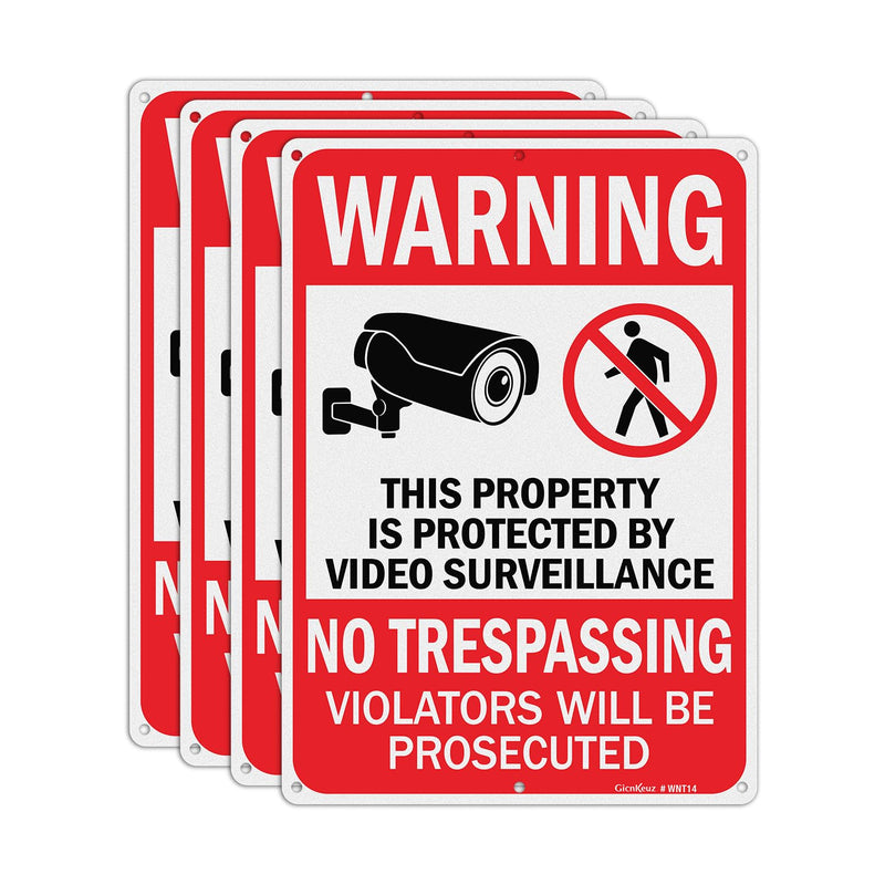 GicnKeuz Large Video Surveillance Signs, 14x10 Inches No Trespassing Sign Private Property Sign, Rust Free.40 Reflective Aluminum, Weather Resistant, Waterproof, Fade Resistant, 6 Pre-drilled Holes (4 Pack) 4 Pack