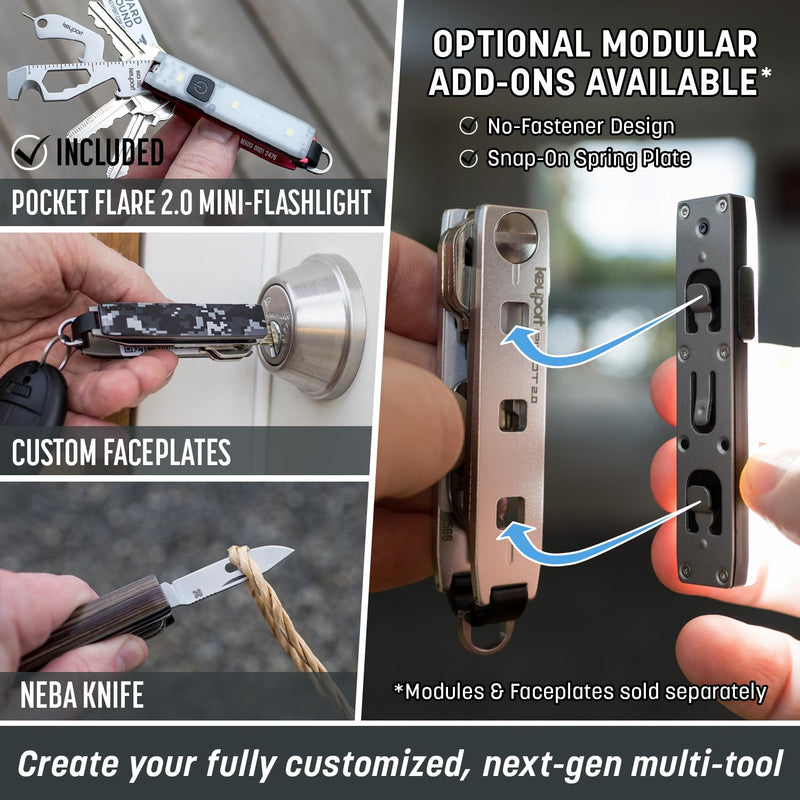 EDC Key Organizer Bundle - Compact Key Holder + Mini-Flashlight + 10-in-1 Keychain Multitool + Lost & Found - Premium Pocket Tool - Unique Gift for Men - Keyport Pivot 2.0 Essential Plus Kit (Silver) Silver