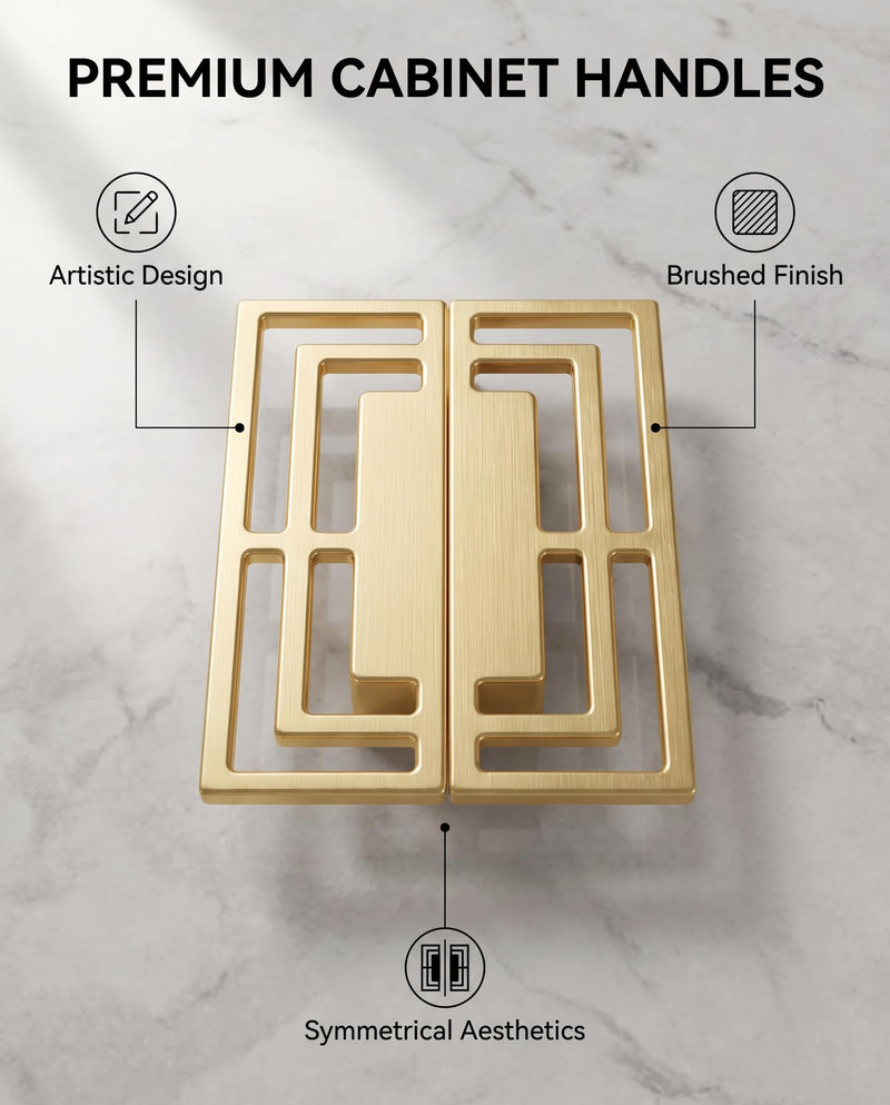 6Pcs of Gold Brushed Drawer Handles Pulls, Closet TV Cabinet, Stylish Golden Copper Handles Modern Chinese Auspicious Patterns Double-Hole 32mm Handle