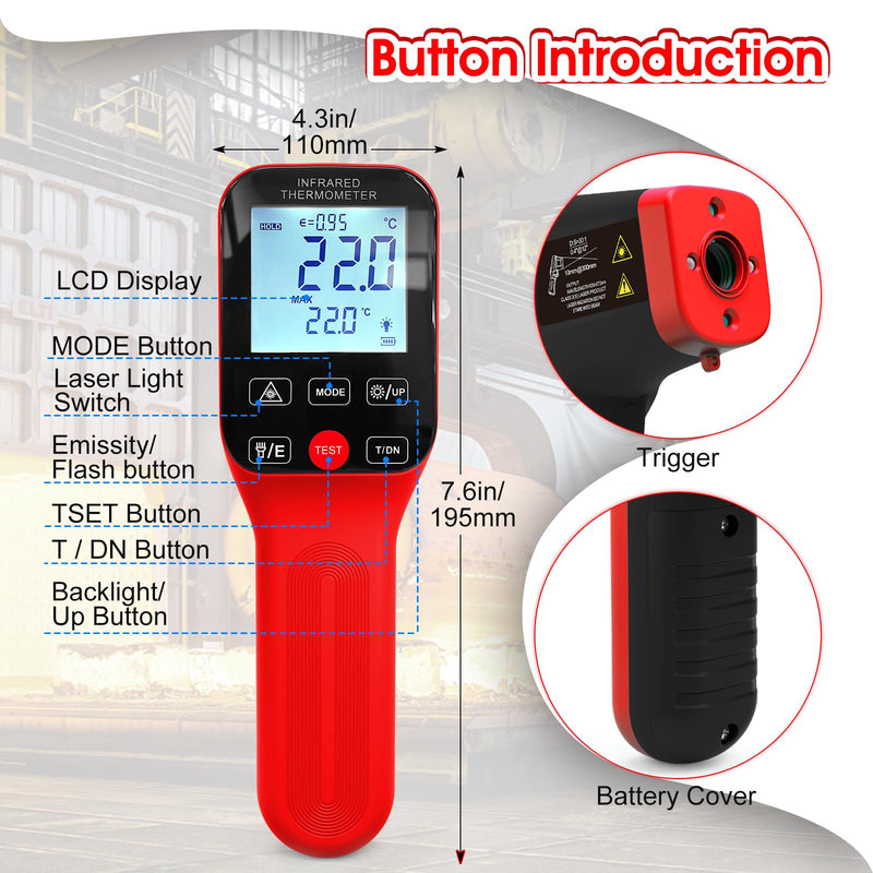 [Australia - AusPower] - Pyrometer 30:1 Infrared Thermometer-58℉~2912℉, Non-Contact Thermometer, Rechargeable Laser Temperature Gun with LCD Display, Adjustable Emissivity for Grill, Engine, forging (Not for Human) 