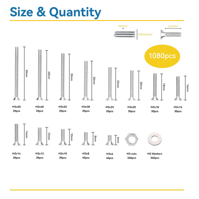 [Australia - AusPower] - 1080 Pcs M3 Screw Assortment, M3*6mm, 8mm, 10mm, 12mm, 14mm, 16mm, 18mm, 20mm, 25mm, 30mm, 35mm, 40mm, 50mm, Stainless Metric Hex Flat Head Countersunk Screws Nuts and Washers with Wrench 