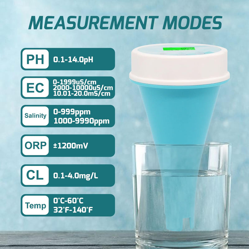 [Australia - AusPower] - 6-in-1 Digital Floating Water Monitor with Bluetooth | Real-Time pH, EC, ORP, Chlorine, Salinity & Temperature Testing | 1000 Data Records, Waterproof IP67, Easy Calibration, 24-Hour Monitoring 