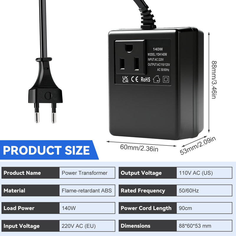 Voltage Converter Transformer 220 V to 110 V 140 W Power Adapter Down Power Converter Travel Power Adapter Transformer EU to US Voltage Converter EU Plug