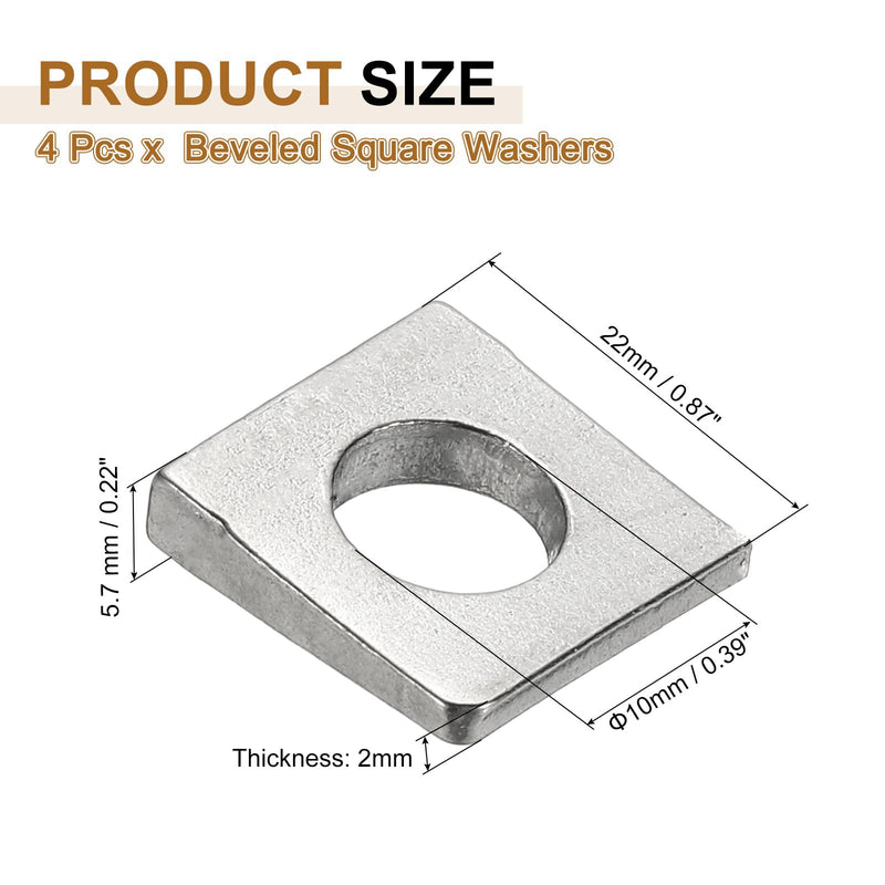 [Australia - AusPower] - PATIKIL 4pcs Beveled Square Washers, M10x22mm Square Beveled Washers Bearing Strut Plate Flat Pad Spacer 304 Stainless Steel for 10mm Bolts Wedge Shim Leveling Fastener Nut Gasket, Silver 