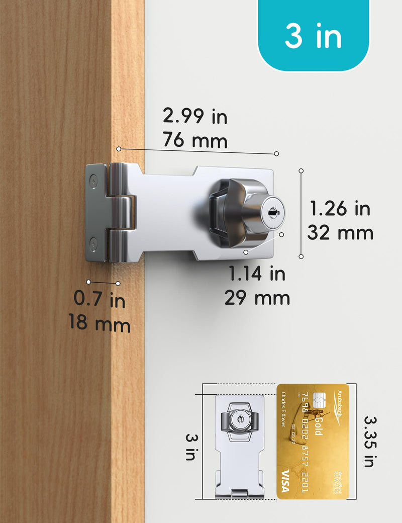 [Australia - AusPower] - 3 Inch Keyed Hasp Lock for Cabinets & Small Doors, Twist Knob Design, Heavy Duty Zinc Alloy with Chrome-Plated Iron, Includes Keys & Screws, Silver 3 Inch 