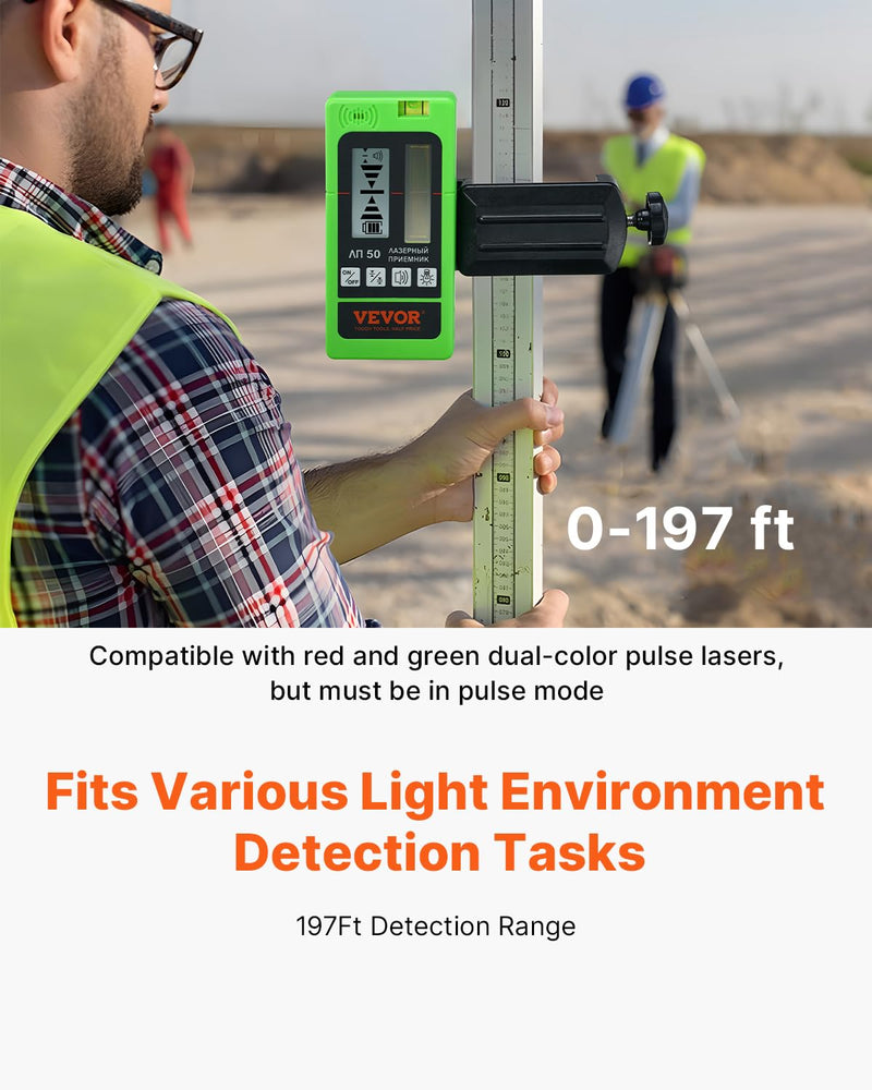 [Australia - AusPower] - VEVOR Laser Receiver, 197 ft Working Range, Green Laser and Red Beam Detector for Pulsing Line Lasers, Customizable Speaker & Dual LCD Display & Built-In Bubble Level with Clamp for Laser Level 
