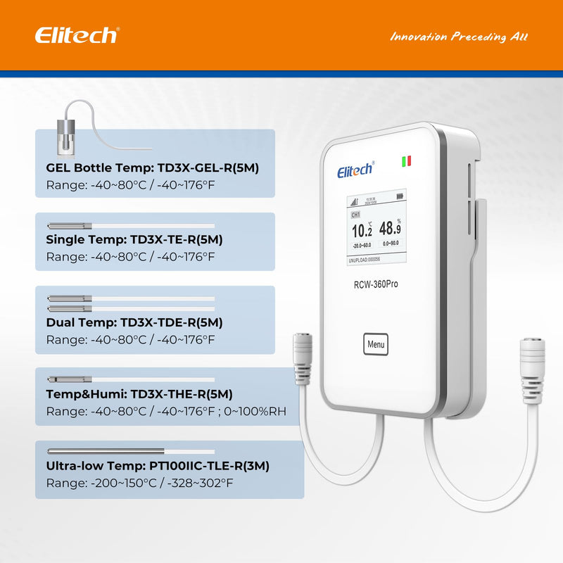 [Australia - AusPower] - Elitech Dual Temperature Probe for RCW-360Pro, -40°F to 176°F, 16.4ft Cable Auto-Detection Digital Sensor with Individual Calibration Certificate for Medical Pharma Validation, TD3X-TDE-R-5M Separated Probe(1pcs) Dual Temp Probe, 5M 1 