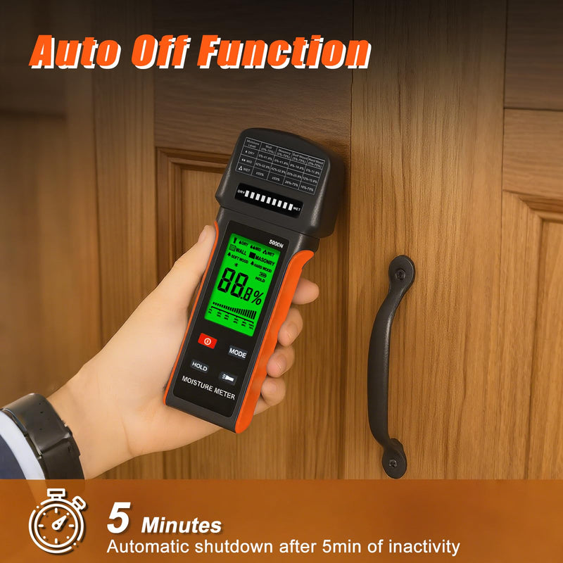 [Australia - AusPower] - Pinless Moisture Meter for Wood, Drywall & Masonry – Fast & Precise Handheld Moisture Detector，Wood Moisture Meter – Measures 5-75% (Wood), 5-70% (Drywall/Masonry) /Auto-Off & Alarm 