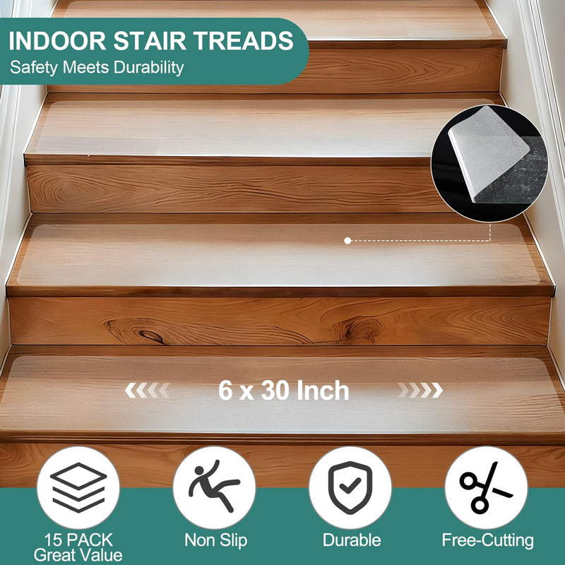 Clear Indoor Stair Treads for Wooden Steps Non Slip, KOOTETA 15 Pack 6" x 30" Transparent Anti Slip Tape for Stairs,Waterproof Weather Resistant Grip Tape,High Traction Adhesive Non Slip Stair Treads Indoor-Clear 6" x 30" x 15 Pack