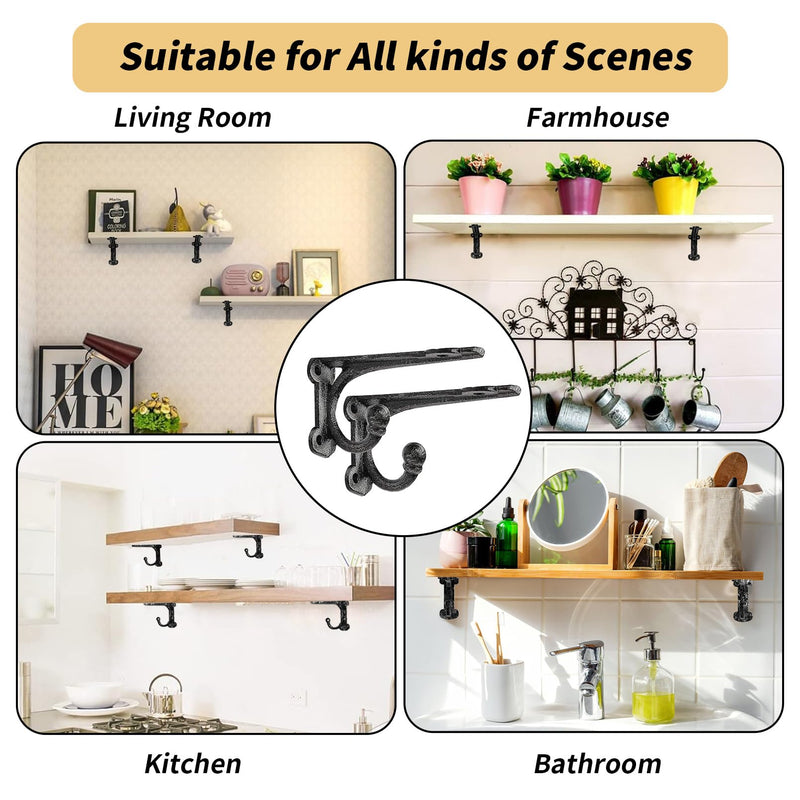 Cast Iron Shelf Brackets 4 Inch, 4 Pack Black Rustic Shelf Brackets with Hooks，Heavy Duty Floating Brackets Wall Mounted, Decorative Brackets for Wood Shelves 4 Pack 4'' Bracket