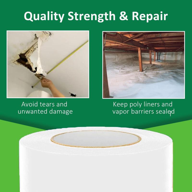 Vapor Barrier Tape 3" x 180', 9Mil White Polyethylene Tape for Crawl Spaces & Moisture Barriers, Waterproof & Seam Tape for Underlayment, Insulation, and Plastic Liners 3" x 180'