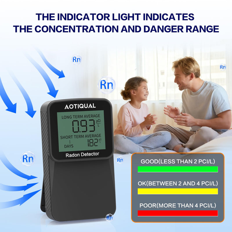 Digital Radon Detector LCD Display Dual USB Battery Power Options 3 Year Battery Life 10 Year Sensor Lifespan Accurate pCiL Concentration Detection for Home and Office Use