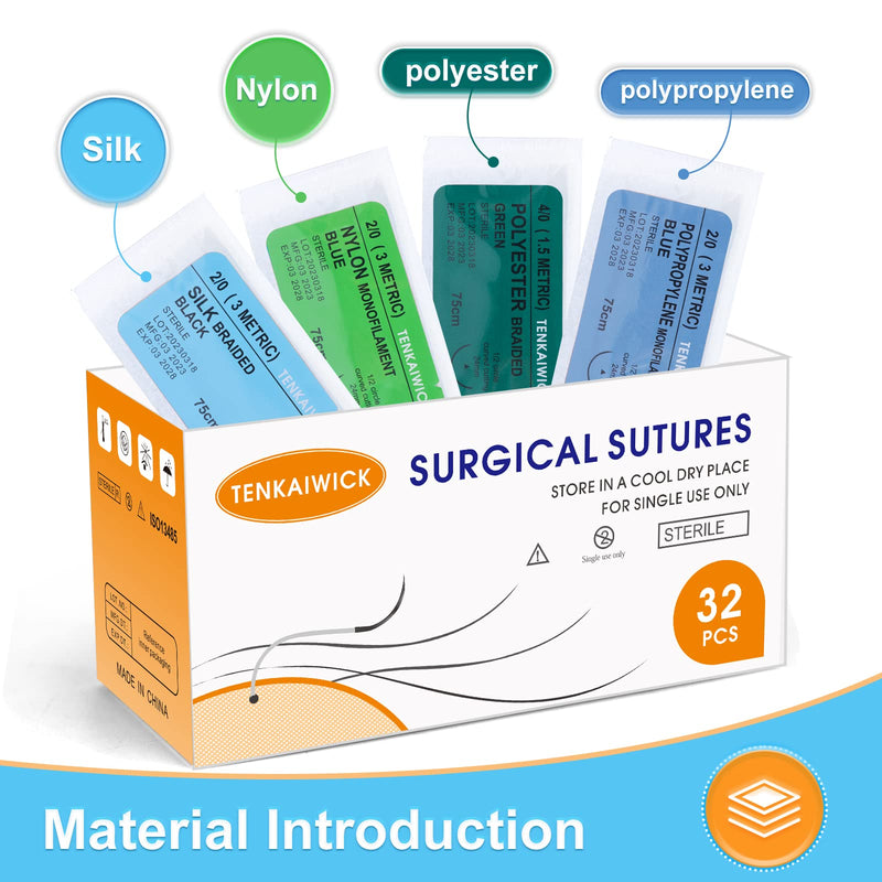 [Australia - AusPower] - 32 Packs Sutures Thread with Needle,Mixed Sutures, Training Threads (Non-Absorbable: Nylon, Polyester, Polypropylene,Silk,4 Material) for Practicing Suturing can be Used for Suture Pads, Fruit peels 32P 