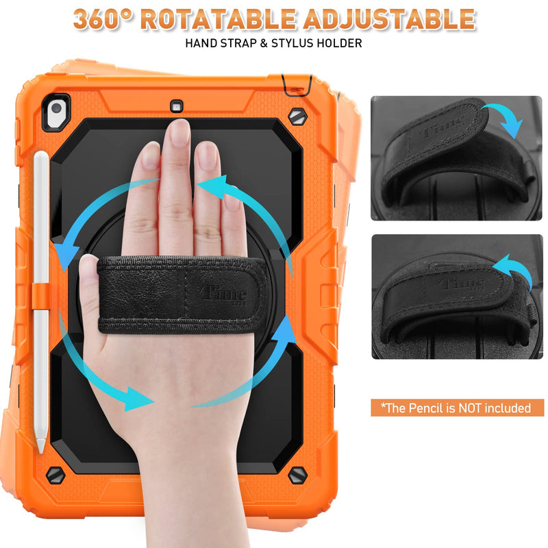 [Australia - AusPower] - Timecity Case for iPad 9th/ 8th/ 7th Generation 10.2 inch (Case for iPad 9/8/ 7 Gen): with Strong Protection, Screen Protector, Hand/Shoulder Strap, Rotating Stand, Pencil Holder - Orange Black+Orange 