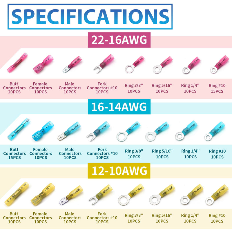 [Australia - AusPower] - 260Pcs Heat Shrink Wire Connectors Kit - Marine Automotive Electrical Connectors - Crimp Terminal Set for Electrical Wiring - Waterproof Fork Spade Ring Butt Connector Assortment 260 