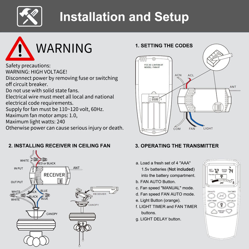 CENMING FAN-9T Thermostatic Ceiling Fan Light Remote Control Kit for Hampton Bay Hunter,w/Receiver Fan Timer Key LCD Display Temp 3-Speed, Replacement for FAN-9T L3HFAN-9T, No Dimmer No Reverse 9T FAN TIMER Kit