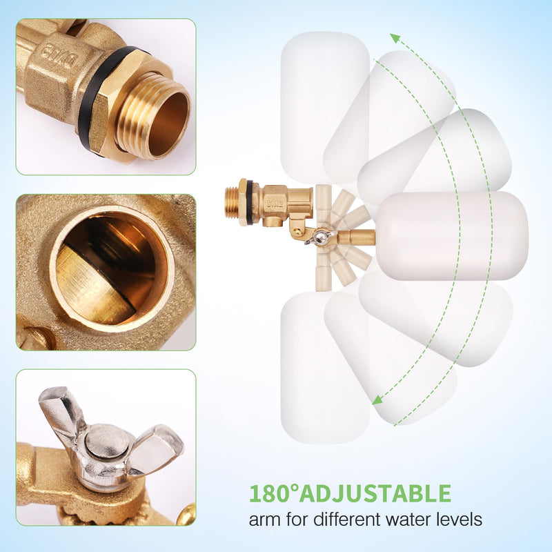 Float Valve 1/2 inch, Brass Water Float Valve with Adjustable Arm, Float Ball Valve Automatic Fill and Water Level Control for Water Trough,Fountains,Water Tank,Ponds,Pool,Aquariums 1/2 in