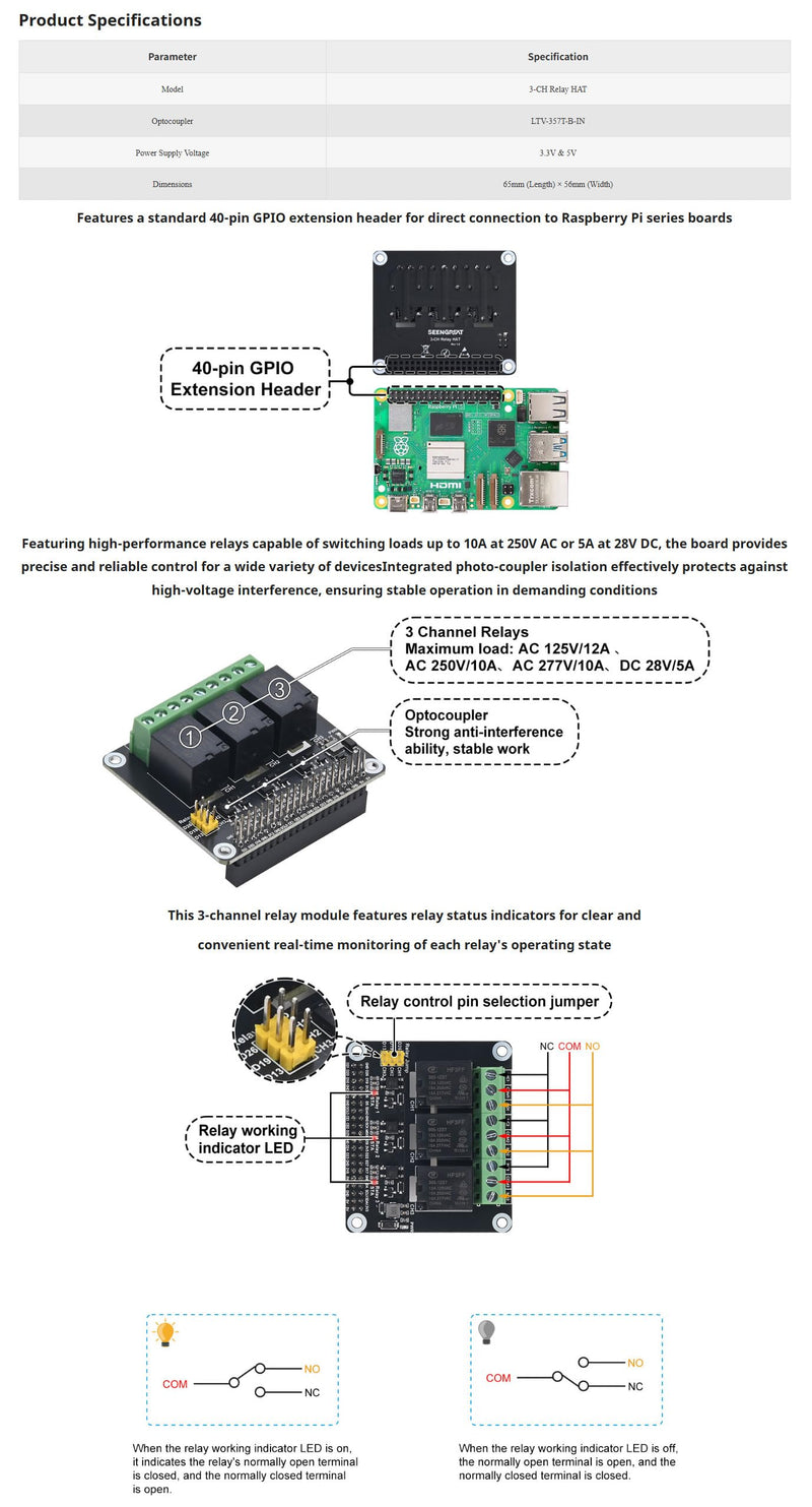3-Channel Relay HAT Expansion Board Compatible with Raspberry Pi 5/4B/3B+/3B/2B/Zero, Optocoupler Isolation Relay Module for Home Automation, IoT, Fits Arduino Projects