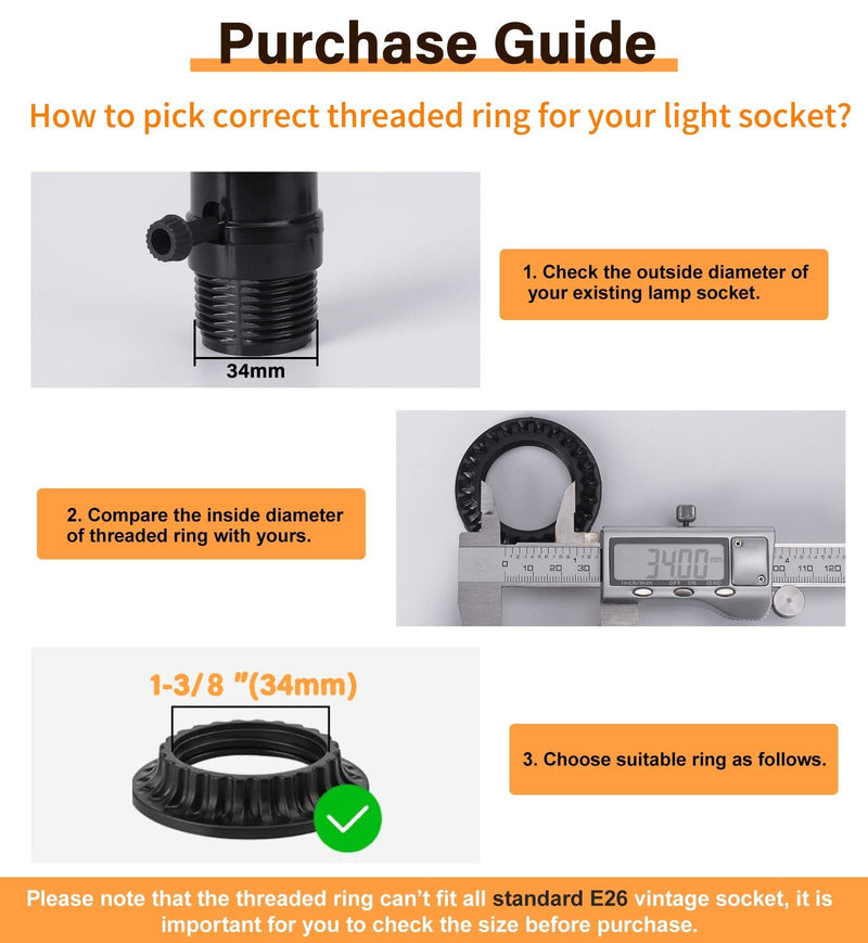 DiCUNO Lamp Shade Rings, E26 Light Socket Collar Ring, Black Threaded Reducer 1-3/8 Inches (34mm) and 1-1/2 Inch (39mm), Hanging Lamp Holder Parts, (34mm * 2pcs; 39mm * 2pcs) 1-3/8" and 1-1/2" Black