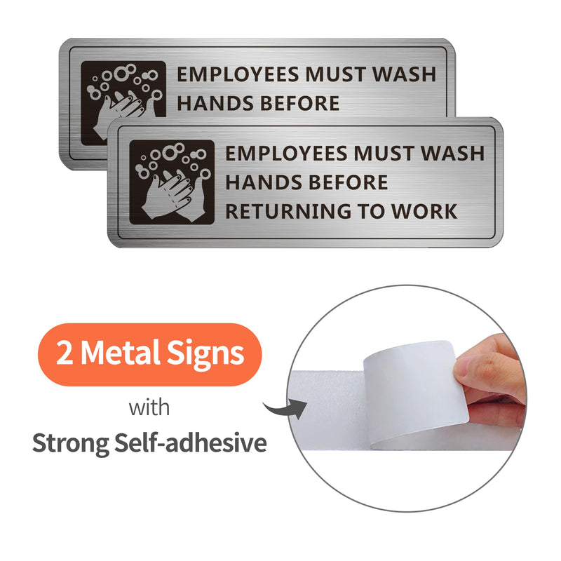 [Australia - AusPower] - Employees Must Wash Hands Sign, (2 Pack) Self-adhesive Metal Signage for Office Bathroom, 9 x 3 Inch Waterproof Aluminum Signs for Indoor Outdoor Use (Brushed Aluminum) 9" x 3" 2 Pack (Brushed Nickel) 