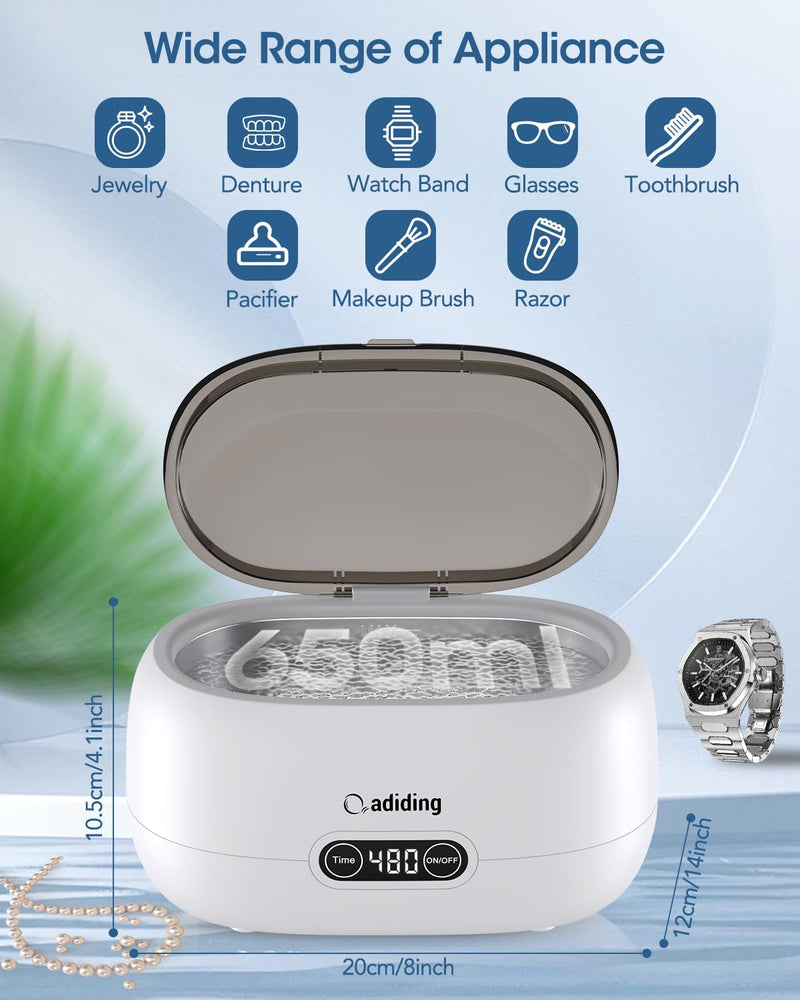Adiding Jewelry Cleaning Machine, 650mL (23oz) Ring Sonic Cleaner Machine for Glasses, Earring, Denture, Retainer, Watch Straps, Razor -5 Cleaning Modes, Digital Timer, SUS304 Stainless Steel Brown