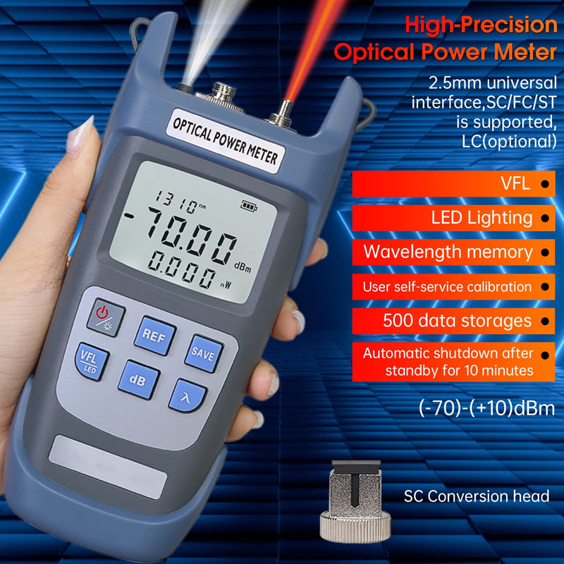 [Australia - AusPower] - Fiber Optical Power Meter with 10Km Light Source SC FC Connector, -70~10dBm, 10 Optic Wave Length, Optic Test Equipment for CCTV Communication Engineering 
