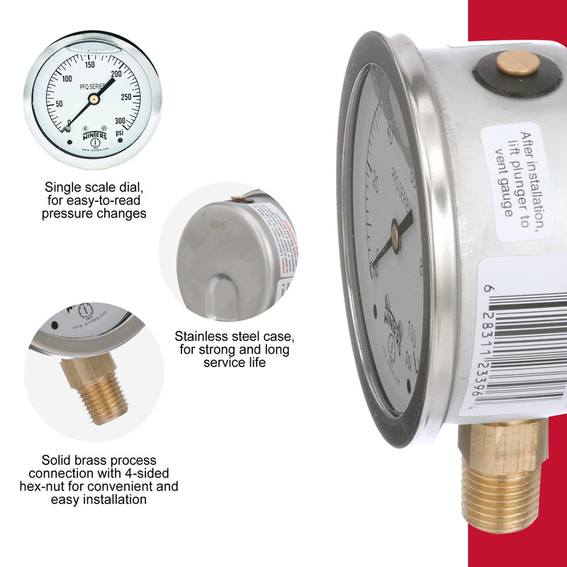 [Australia - AusPower] - Winters 2-1/2" Dial Size, Liquid Filled Industrial Pressure Gauge, Brass Internals, 304 Stainless Steel Case, Single Scale 0-300 psi, 1.5% Acc, 1/4" NPT Bottom Mount, Glycerin Filled Pressure Gauge 0/300 PSI 