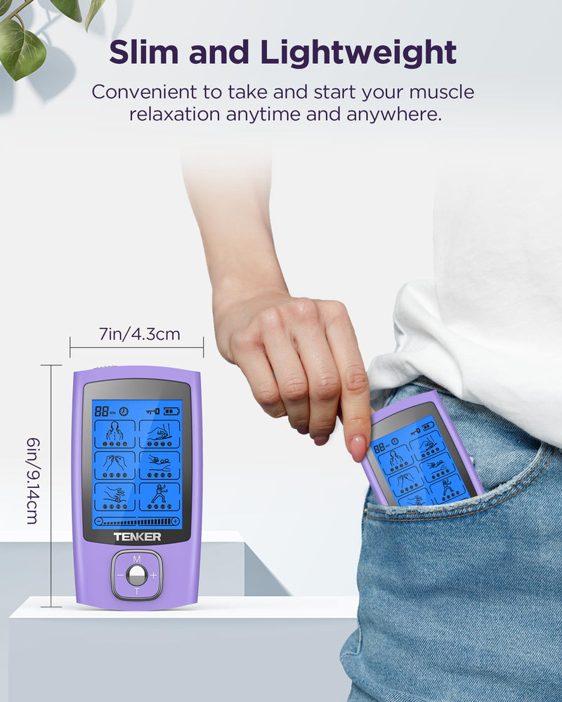 [Australia - AusPower] - TENKER TENS Unit Muscle Stimulator, 24 Modes TENS EMS Machine for Pain Relief Therapy/Pain Management, Rechargeable Electronic Pulse Massager with 2"x2" and 2"x4" TENS Unit Electrode Pads A-purple 