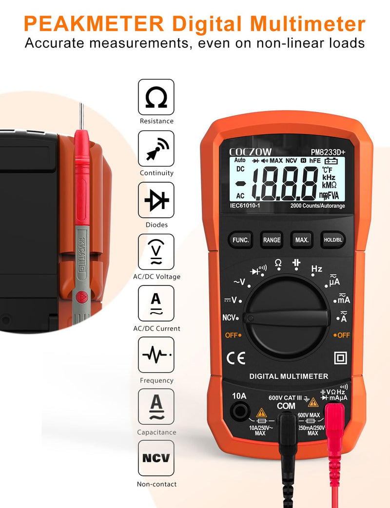 [Australia - AusPower] - Digital Multimeter,Multimeter Tester, High Sensitivity Voltmeter Ammeter Ohmmeter NCV Circuit Checker Measures AC/DC Voltage,AC/DC Current, Resistance, Diodes, Continuity, Transistor (Black) Black 