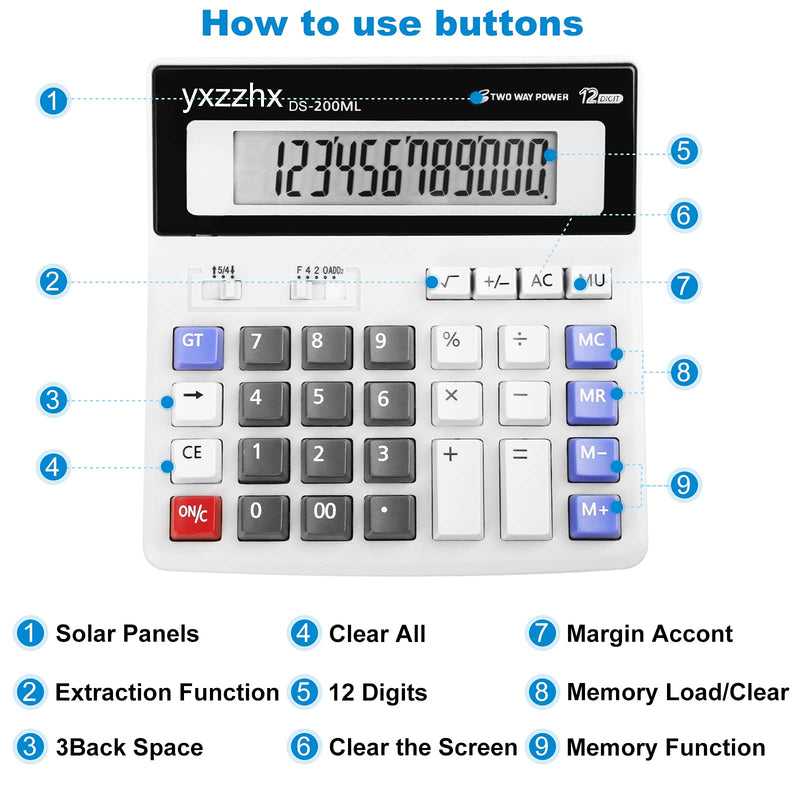 [Australia - AusPower] - Desk Calculator 12 Digit Extra Large 4.3-Inch LCD Display, Two Way Power Battery and Solar Calculators Desktop, Big Buttons Easy to Press Used as Office Calculators for Desk 