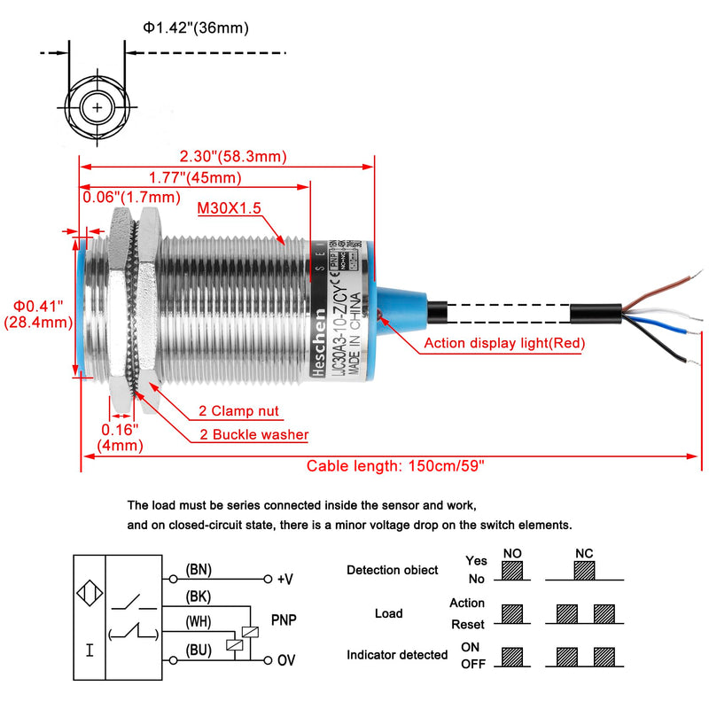 [Australia - AusPower] - Heschen M30 Capacitive Proximity Sensor Switch, Shield Type, LJC30A3-10-Z/CY, Detection 1-10mm, 10-30VDC 200mA, PNP NO+NC, 4 Wire 