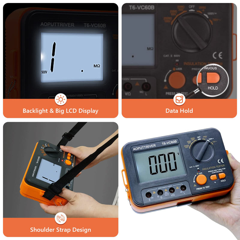 [Australia - AusPower] - Digital Insulation Resistance Tester, 1999 Counts Megohmmeter Large LCD Display Megohmmeter DC250/500/1000V AC750V, 200MΩ~2000MΩ with Backlight for Data Storage for Motor Cable 