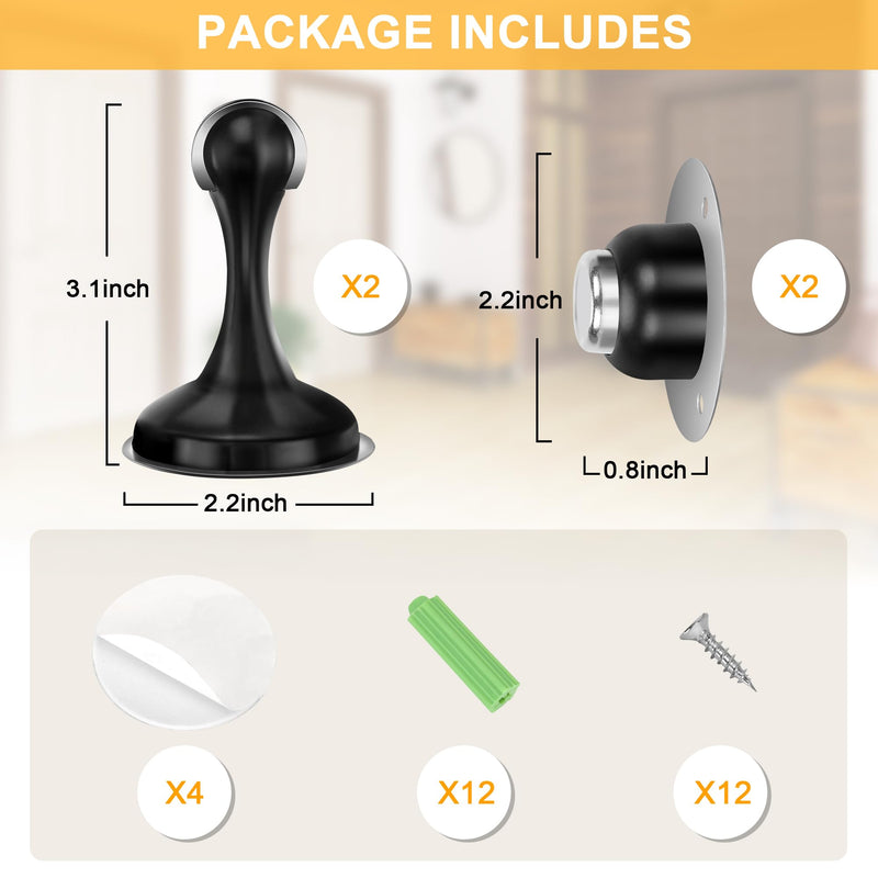 [Australia - AusPower] - 2 Pack Magnetic Door Stoppers, Stainless Steel Door Stops for Wall and Floor Mounting, Door Holder Keep Door Open, No Drilling Door Stop with 3D Adhesive Tapes, Black 2 Pack 