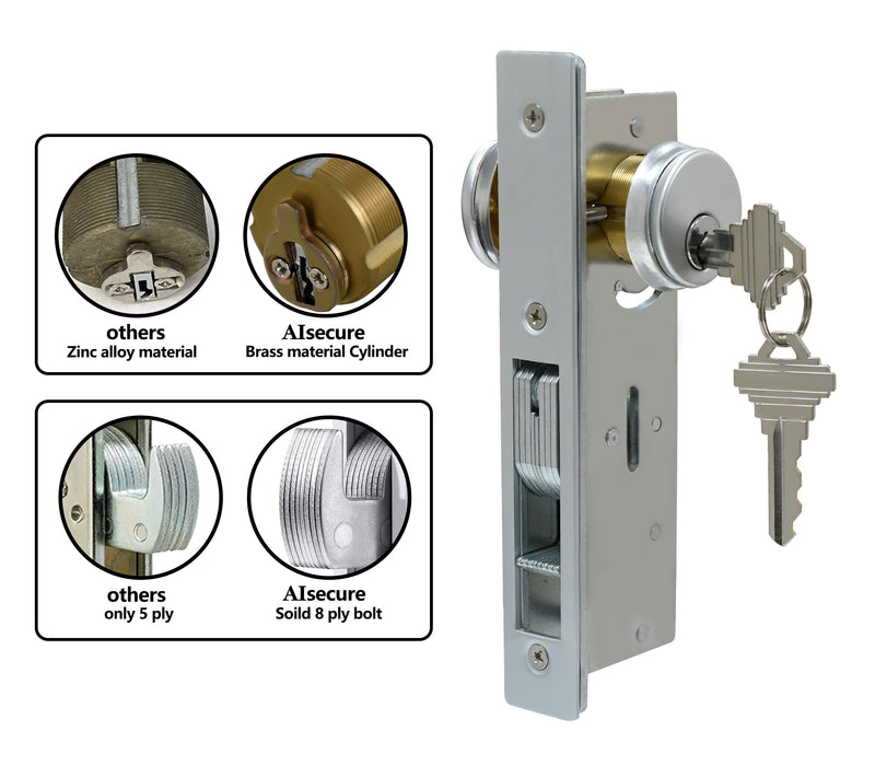 Commercial Mortise Door Lock with Double Cylinder, 1-1/8" Backset Storefront Door Hook Bolt Lock, Solid Brass Cylinder, Direct Replacement for Aluminum Narrow Stile Doors (Silver) Silver 1-1/8"Hook Deadbolt,Double Cylinder