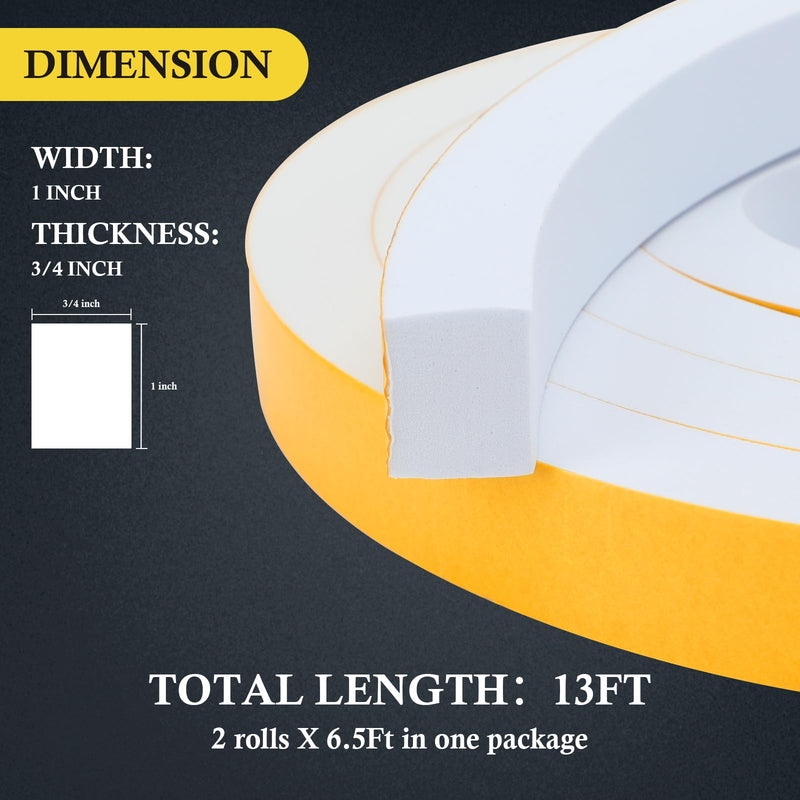 fowong White Foam Seal Tape - 2 Rolls, 3/4 Inch Wide X 3/8 Inch Thick, Window Insulation Air Conditioner Weather Stripping Closed Cell Adhesive FoamTape, 6.5 Ft X 2 Rolls, Total 13 Feet 3/4in * 3/8in