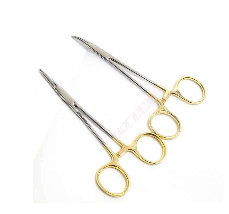 [Australia - AusPower] - Premium German Stainless- Set of 2 PCS Gold Handle Mosquito Locking HEMOSTAT Forceps Straight + Curved 5"-Cynamed 